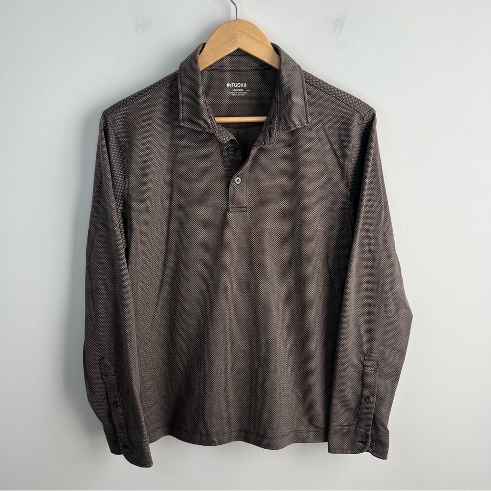 Untuckit Medium Men’s Long Sleeve Polo Shirt Brown Cotton Collared Slim Fit